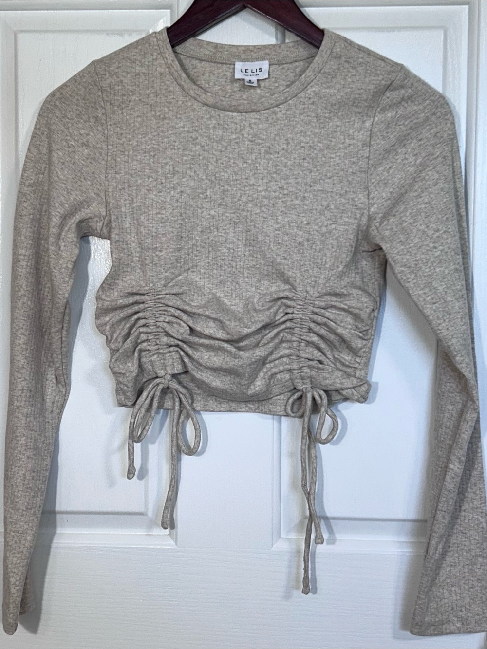 LE LIS Bella Heather Beige Ribbed Ruched Drawstring Front Long Sleeve Crop Top S